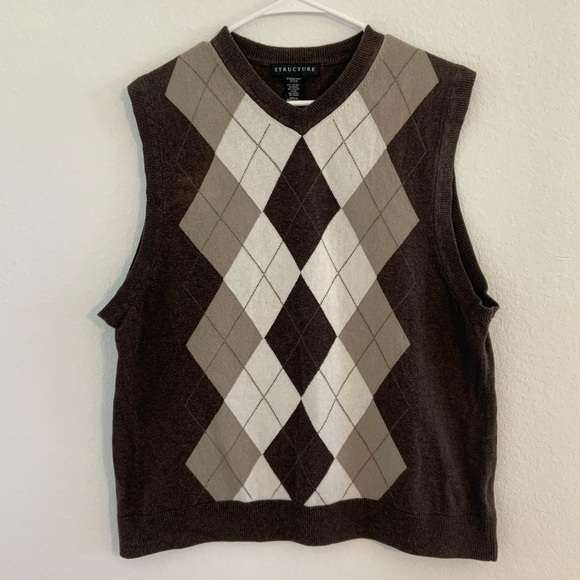 Vintage Structure Academia Brown Diamonds Argyle Sleeveless Grandpa Sweater Vest - Picture 6 of 7